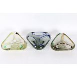 Three mid to late 20th century Murano style art glass ash trays, all with various colour glass