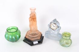 Collection of art glass, to include an Art Deco figural candlestick on stand, two green Loetz