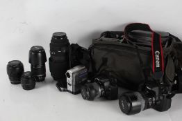 Cameras, lenses and accessories to include EOS 60D camera body with Canon EW-73B lens, 350D camera