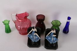 Collection of various coloured glass to include a Bristol blue glass vase with marks to the base