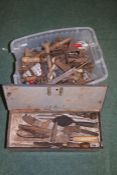 A large collection of various hand tools to include chisels, spanners, hand drill etc housed