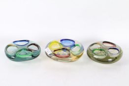 Three mid to late 20th century Murano style art glass ash trays, all set with four compartments