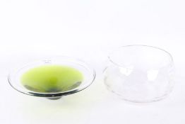 Art glass dish, having clear rim and lime green bowl, 23cm diameter, and a clear glass fruit bowl