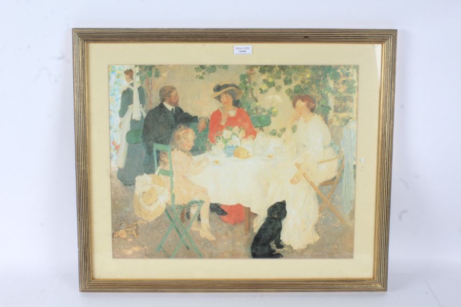After E. Phillips Fox (20th century) a print depicting a family having lunch, housed within a gilt