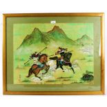 Chinese School, 20th century, study of two warriors on horseback, watercolour, with character