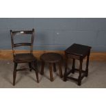 A 19th century elm seated child's chair together with a Victorian oak milking stool and a further
