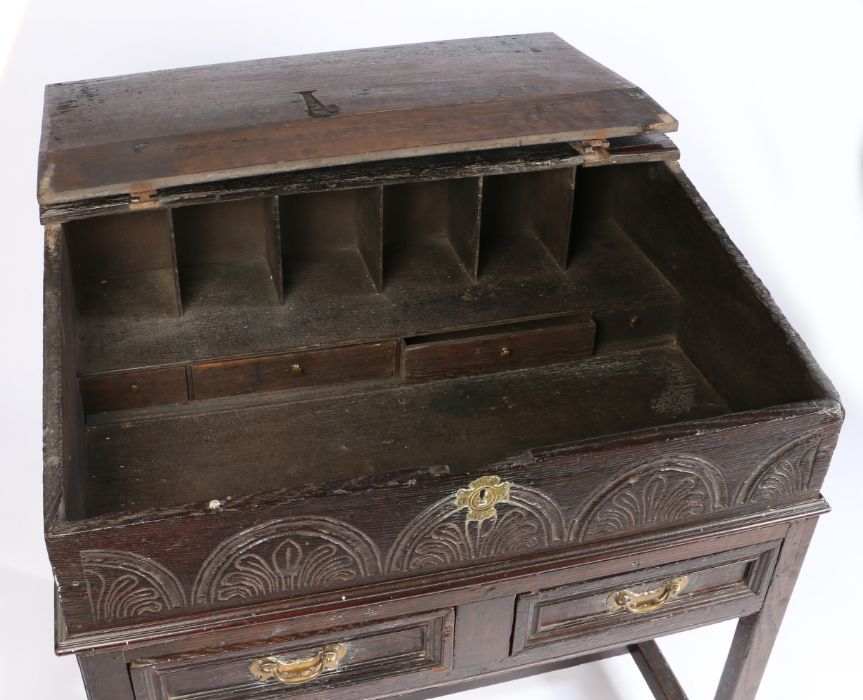 17th century desk/bible box on stand, the sloping fall with chip carved edge above a lunette - Image 2 of 2