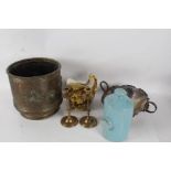 Collection of works of art to include a large brass cauldron pair of folaite decorated brass