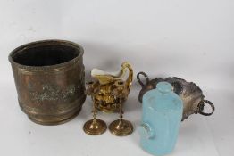 Collection of works of art to include a large brass cauldron pair of folaite decorated brass