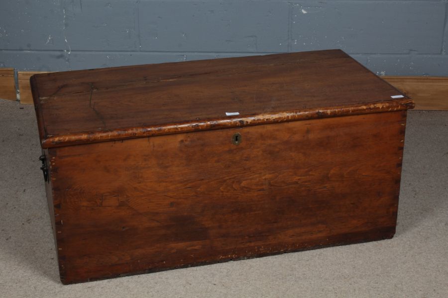 A Victorian pine tool chest, the rectangular top opening to reveal a candle box and and two small