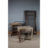 Victorian Cast iron single bed together with a work bench with a mangle and a set of oak floor