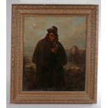 Van Beaver (19th century) Pipe smoking gentleman in hat & cape, landscape backdrop, signed (lower-