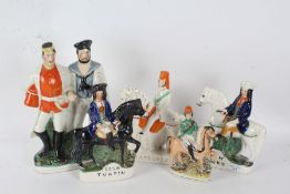 A collection of Staffordshire figures to include, Dick Turpin, Tom King, Hayelock, A large figure