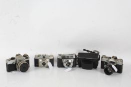 Five 20th century cameras and lenses to include a Praktica LB, a Zenit E No73211672 with a Helios-