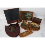 A collection of mixed works of art to include treen, a boys brigade shield, primitive oil on