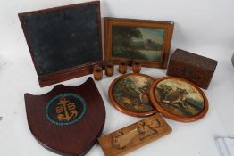 A collection of mixed works of art to include treen, a boys brigade shield, primitive oil on