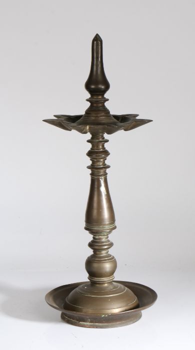 19th Century South Indian Temple Bronze Oil Lamp , the finial above the oil reservoir and turned