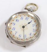 Continental silver open face pocket watch, the white enamel dial with blue Arabic numerals, outer