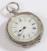 Continental silver open face pocket watch, the white enamel dial with blue Roman numerals, outer