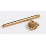 A 9 carat gold bar brooch together with a 9 carat gold heart locket, gross weight 2.7 grams