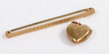 A 9 carat gold bar brooch together with a 9 carat gold heart locket, gross weight 2.7 grams