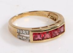 A 9 carat gold, diamond and tanzanian ruby ring, the head set with four princess cut tanzanian rubys
