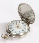 Continental silver hunter pocket watch, the white enamel dial with Roman numerals on a sky blue