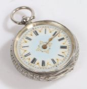 Continental silver open face pocket watch, the white enamel dial with Roman numerals interspersed