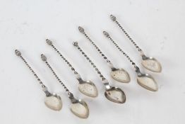 Set of six continental silver teaspoons, possibly Finnish, the twisted stems with acorn form