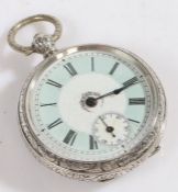 Continental silver open face pocket watch, the white enamel dial with Roman numerals on a sky blue