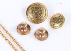 A pair of yellow metal collar studs, two yellow metal buttons; one larger than the other, associated