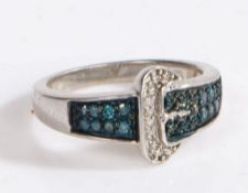 A silver and diamond ring, in the form of a belt buckle set with blue and white diamonds, ring