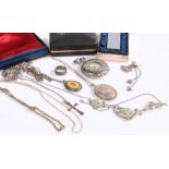 A collection of silver and white metal jewellery to include, lockets, necklaces, ring, pocket