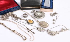 A collection of silver and white metal jewellery to include, lockets, necklaces, ring, pocket