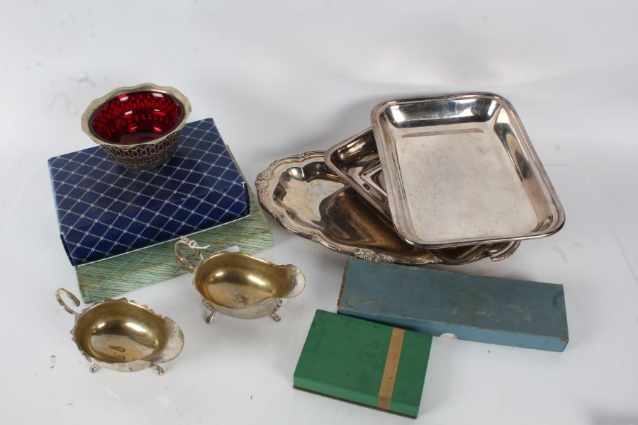 Silver plated ware to include tureen and cover, serving dish, pair of sauceboats, sugar bowl with