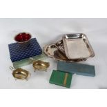 Silver plated ware to include tureen and cover, serving dish, pair of sauceboats, sugar bowl with