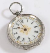 Continental silver open face pocket watch, the white enamel dial with Roman numerals and gilt