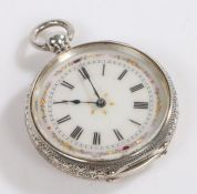 Continental silver open face pocket watch, the white enamel dial with Roman numerals and outer