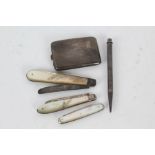 Three fruit knives with mother of pearl handles and silver blades, S. Mordan & Co. sterling
