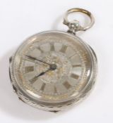 Continental silver open face pocket watch, the silver dial with gilt Roman numerals, outer minutes