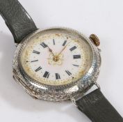 Ladies continental silver wristwatch, the white enamel dial with Roman numerals surrounded by a gilt