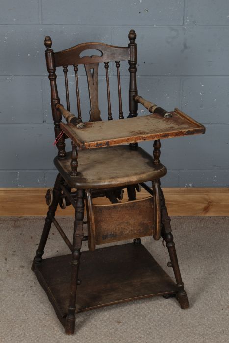 Victorian style stained beech child's high chair, with spindle back rest, 100cm high