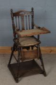 Victorian style stained beech child's high chair, with spindle back rest, 100cm high