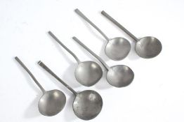 Six 17th century style pewter spoons, with plain stems and bowls, touch marks to bowl (6)