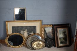 Collection of prints and mirrors, to include gilded mirrors, a black and white print entitled 'The