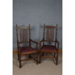 Pair of 20th century oak carver chairs, with a slat back and turned supports together with down