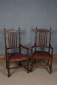 Pair of 20th century oak carver chairs, with a slat back and turned supports together with down