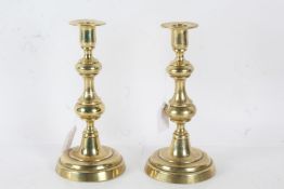 A pair of 19th century brass candlesticks, with a knopped stem above a circular foot, 24cm high