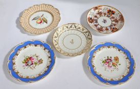 A collection of 19th Century porcelain plates, the fist with gilt on white, a central anchor with