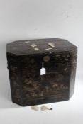 Edwardian ebonised and mother of pearl decorated box and cover, the hinged lid decorated with two